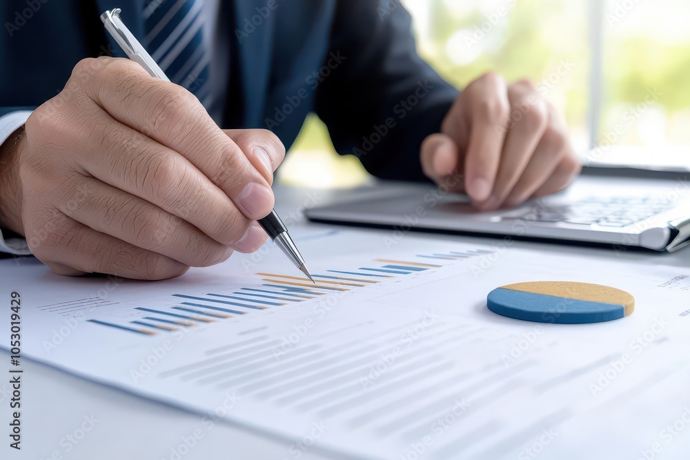 Businessman analyzing report with graphs and charts. Businessman analyzing report with graphs and charts.