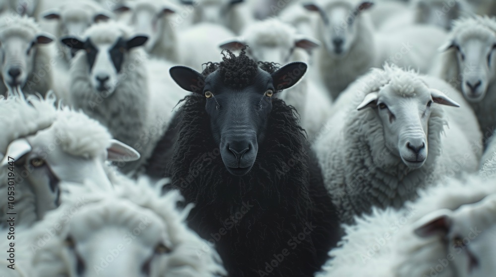 Obraz premium Black sheep standing out among white flock