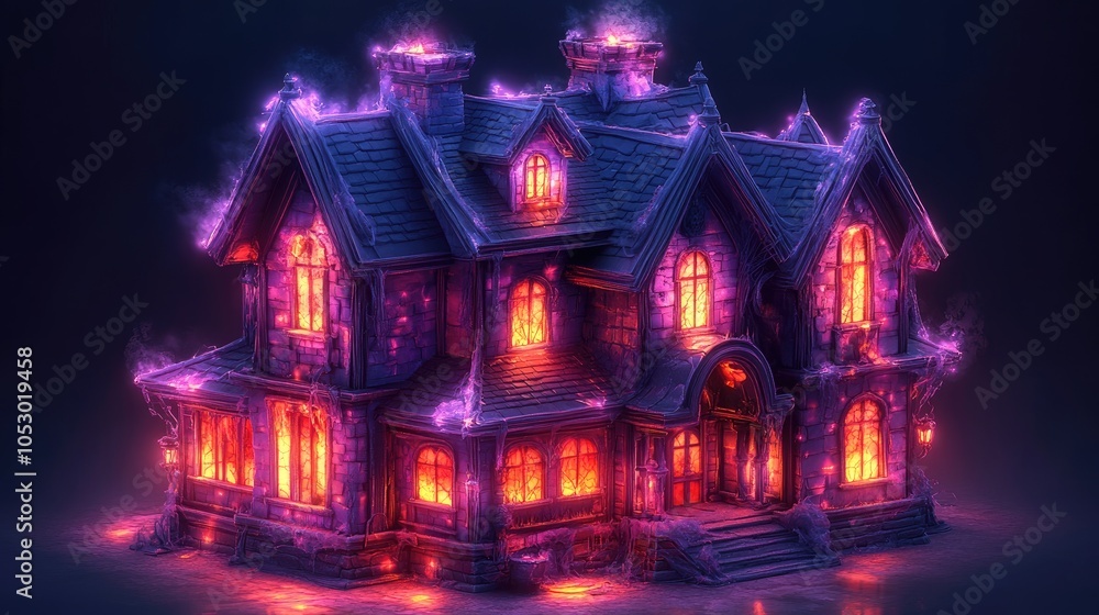 A spooky, glowing haunted house with smoke and flames.
