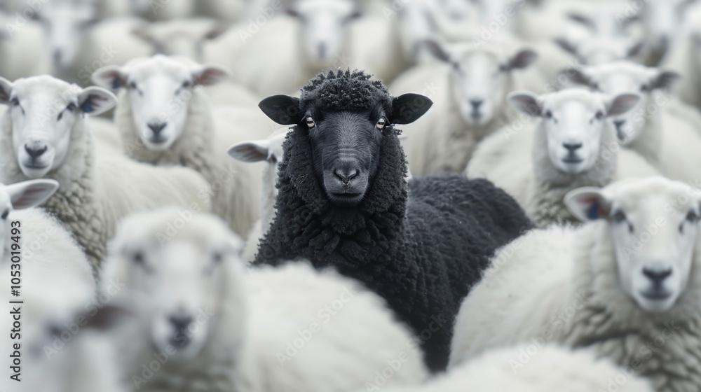 Obraz premium Black sheep standing out among white flock
