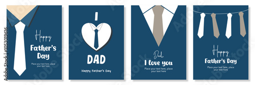 Set of Trendy Happy Father's Day greeting cards with typography, tie, minimal blue colors, cartoon holiday simple vector illustration for horizontal banner, template, poster, flyer, social media