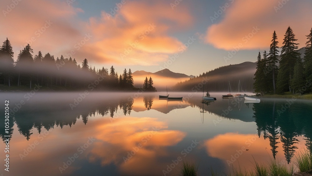 Obraz premium Tranquil sunset scene over a calm lake surrounded by trees, capturing the peaceful beauty of nature at dusk
