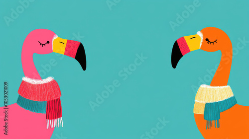 Two colorful flamingos wearing scarves on a bright blue background.