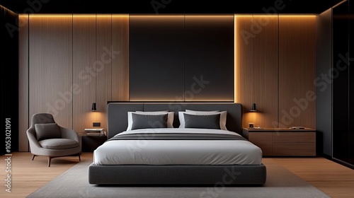 Modern Minimalist Bedroom Interior Design: A sleek and sophisticated bedroom featuring a plush bed, a comfy chair, and warm lighting.