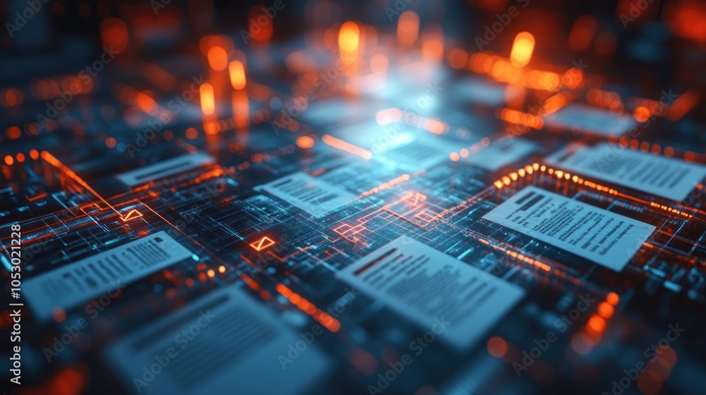 Abstract digital network with glowing data elements and circuitry. Abstract digital network with glowing data elements and circuitry.