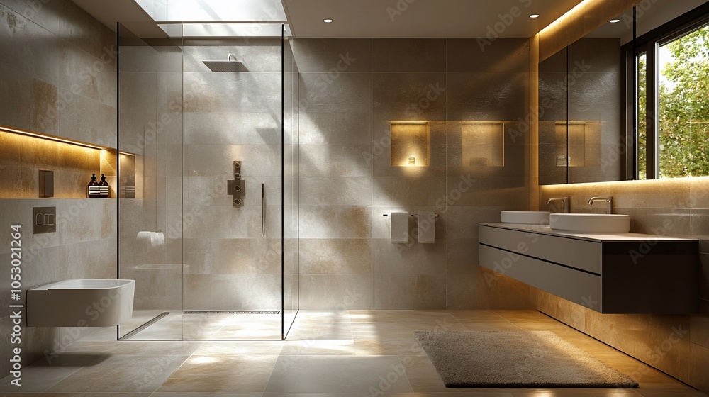 Obraz premium Modern bathroom with large shower, double vanity, and natural light streaming in through a skylight.