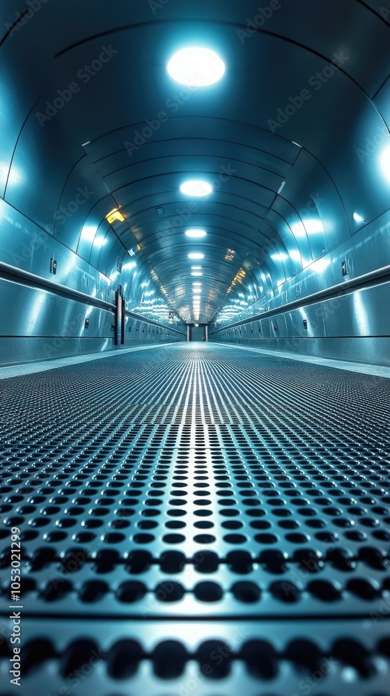 Obraz premium A futuristic, blue lit tunnel with a metal grate floor.