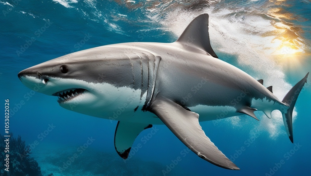 Fototapeta premium Dynamic underwater scene of a powerful shark swimming through vibrant ocean depths with clear waters and light reflections.
