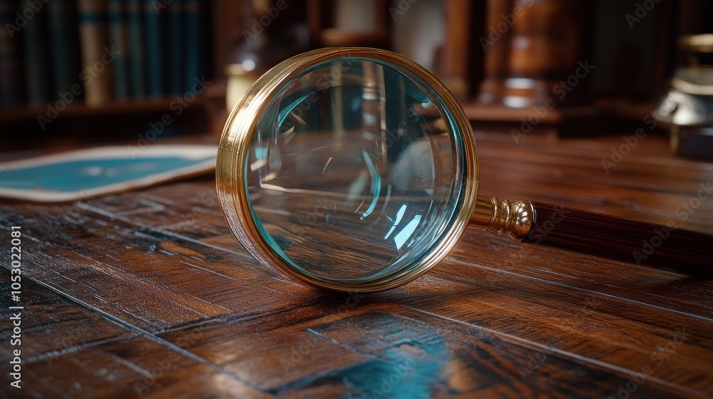 A magnifying glass resting on a wooden surface in a study. A magnifying glass resting on a wooden surface in a study.
