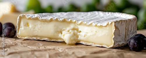 Macro shot of creamy brie cheese with a gooey center, white rind detailed, soft focus background, creating a rich, inviting texture