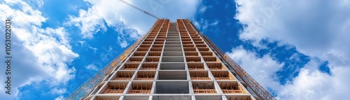 High-rise construction against a bright blue sky.