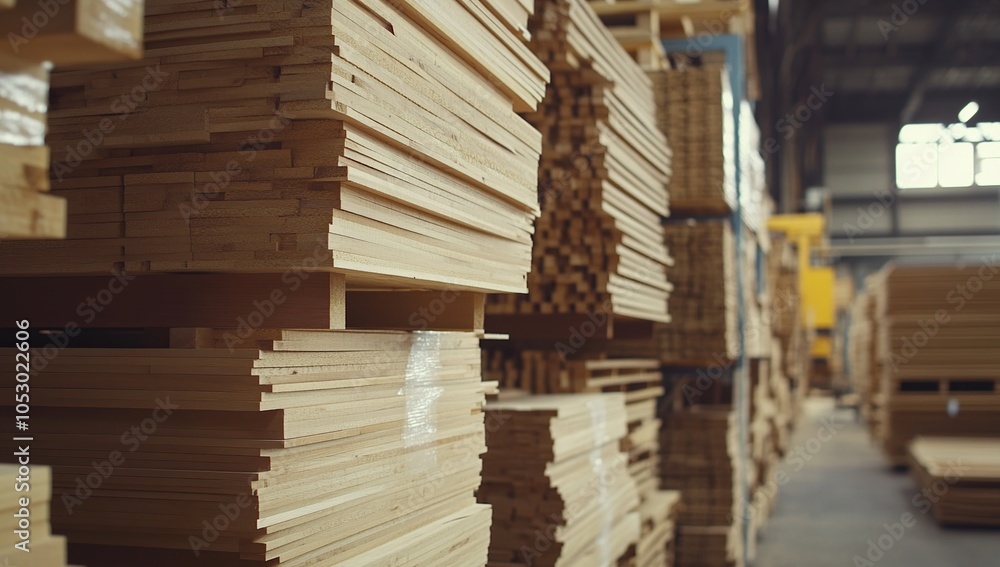 Stacks of wooden planks in a warehouse, with other wooden planks in the background. Stacks of wooden planks in a warehouse, with other wooden planks in the background.