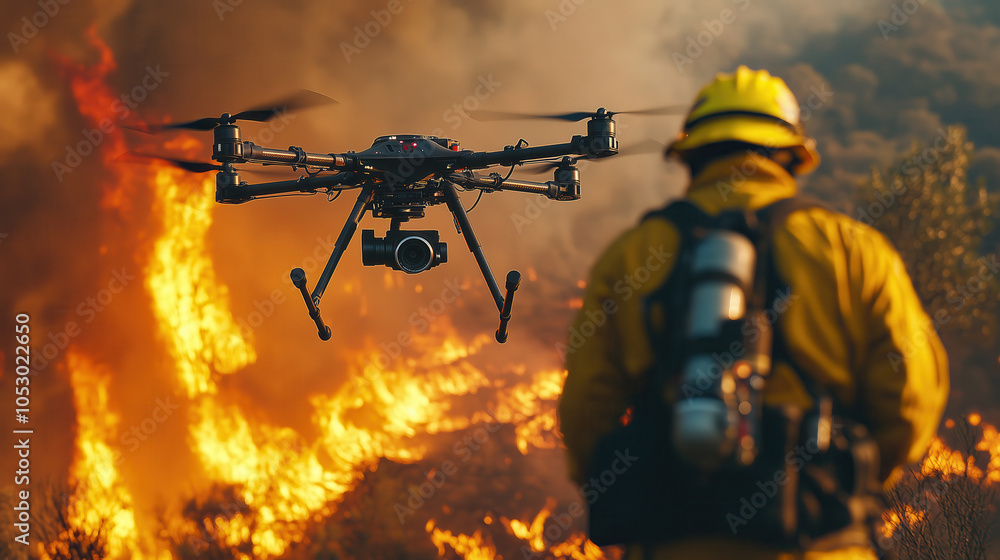 Drone Assisting Firefighter in Wildfire Suppression. Drone aids a firefighter battling a wildfire, showcasing modern technology in fire monitoring and emergency response. Drone Assisting Firefighter in Wildfire Suppression. Drone aids a firefighter battling a wildfire, showcasing modern technology in fire monitoring and emergency response.