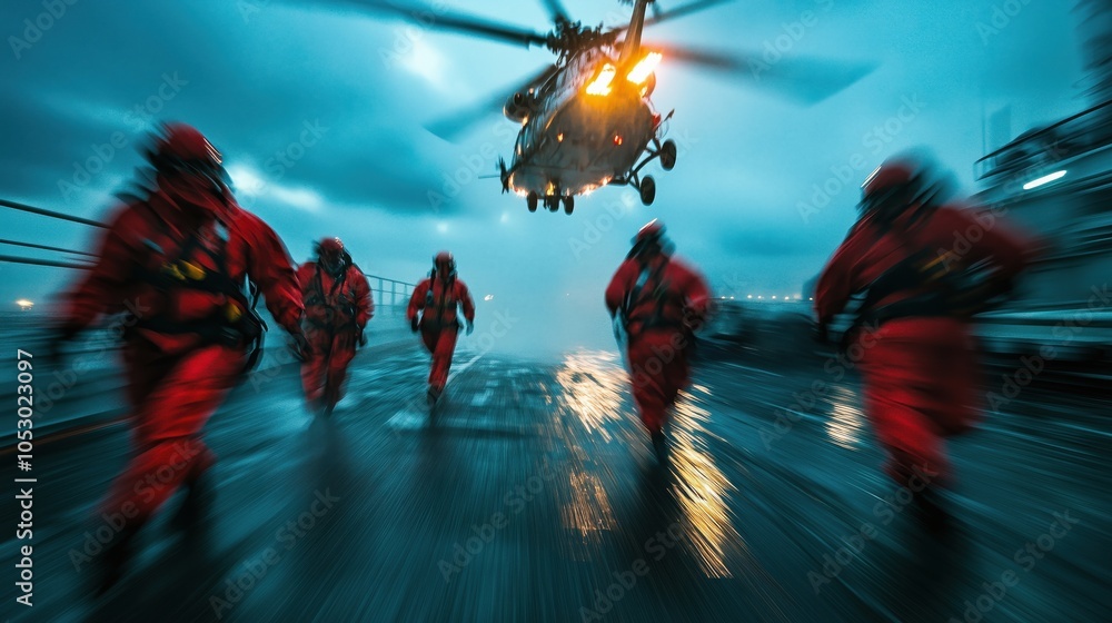 Stormy Rescue Rescue Team Racing to Helicopter on Stormy Deck. Rescue team races ...