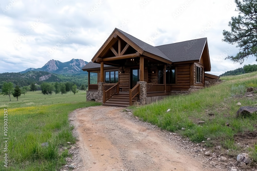 Rustic log cabin surrounded by mountains and greenery, tranquil setting Rustic log cabin surrounded by mountains and greenery, tranquil setting
