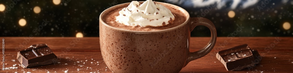 Delicious Hot Chocolate with Whipped Cream in Ceramic Mug, Cozy Winter Holiday Theme, Squares of Dark Chocolate, Wooden Tray, Christmas Lights, Festive Ambiance Delicious Hot Chocolate with Whipped Cream in Ceramic Mug, Cozy Winter Holiday Theme, Squares of Dark Chocolate, Wooden Tray, Christmas Lights, Festive Ambiance