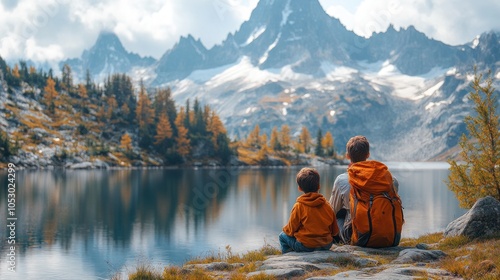 Two children enjoying a serene mountain lake view.