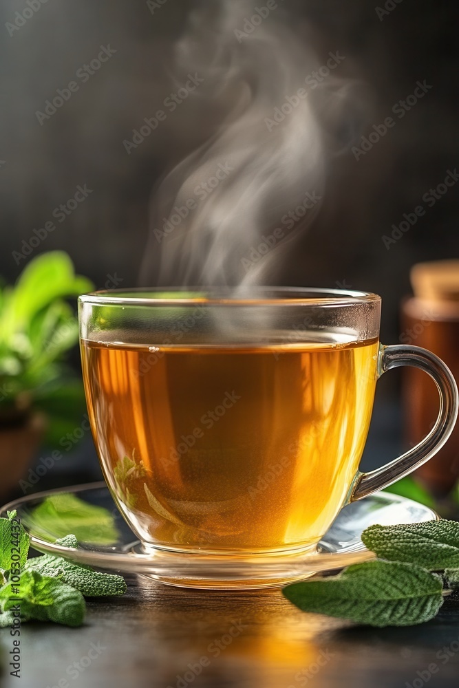 A hot cup of herbal tea with steam rising, surrounded by fresh mint leaves, exuding warmth and relaxation. A hot cup of herbal tea with steam rising, surrounded by fresh mint leaves, exuding warmth and relaxation.