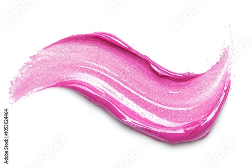 Pink lip gloss texture on white background with smudged smear.