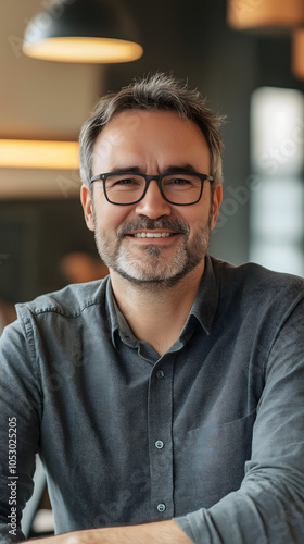 Confident mature businessman standing with arms crossed in modern office, with beard and blue shirt, with relaxed and friendly expression