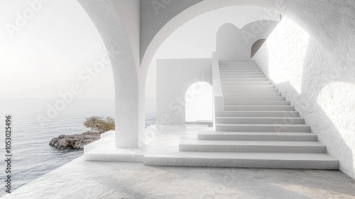 White staircase leading up to an arched doorway with ocean view.
