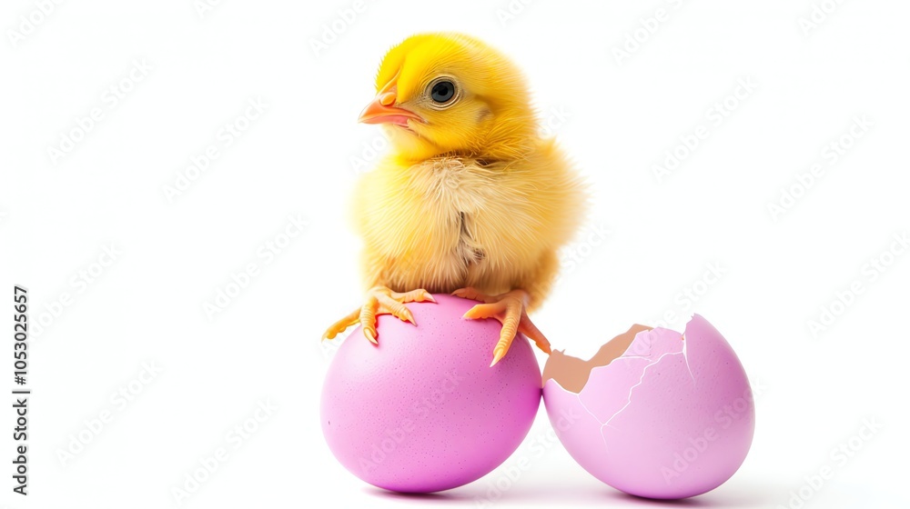 A yellow baby chick standing on top of a pink egg with a broken pink egg shell next to it. A yellow baby chick standing on top of a pink egg with a broken pink egg shell next to it.