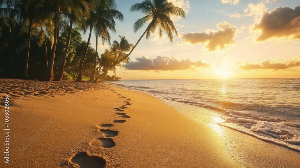 Fototapeta premium Serene Sunset Over a Beach with Footprints in Sand