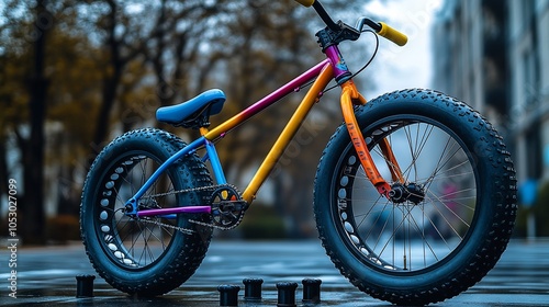 A colorful fat tire bike with large wheels stands on the pavement. photo