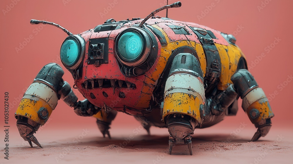 A whimsical robot bee with bright colors and intricate details, showcasing creativity in robotic design and futuristic concepts. A whimsical robot bee with bright colors and intricate details, showcasing creativity in robotic design and futuristic concepts.