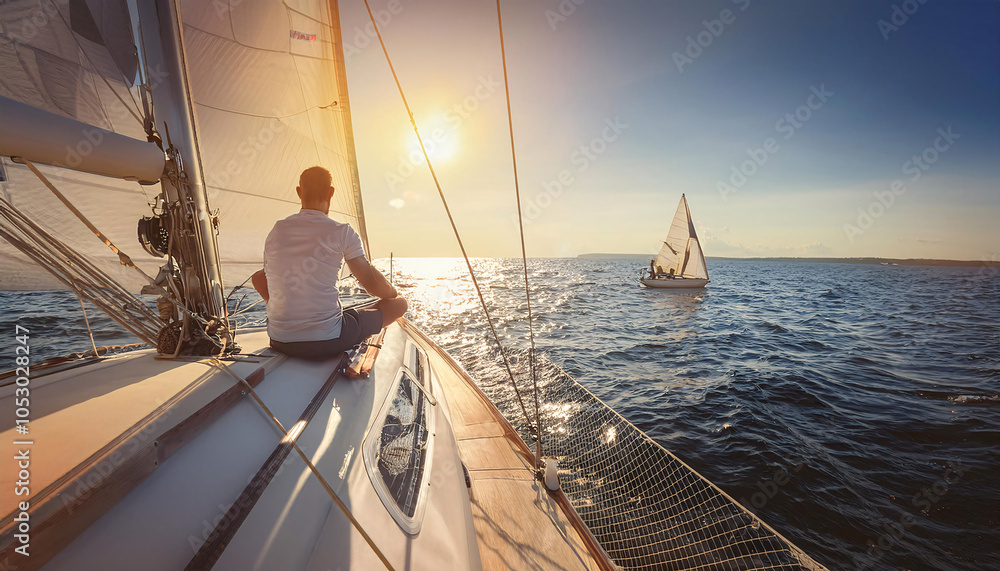 Fototapeta premium A person sits on the bow of a sailboat at sunset