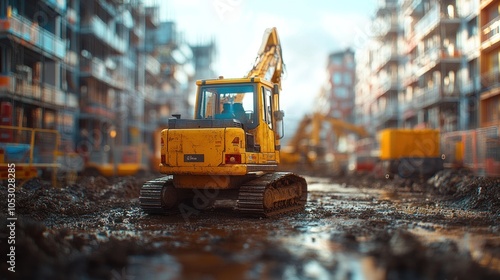 Excavator working in a muddy construction site with buildings.