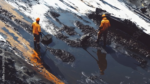 Workers cleaning up an oil spill on a contaminated site as part of a remediation project