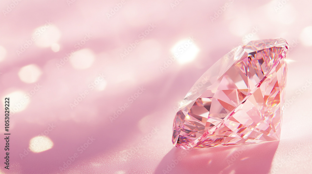 A sparkling pink diamond rests elegantly on a soft pink surface, reflecting light beautifully A sparkling pink diamond rests elegantly on a soft pink surface, reflecting light beautifully