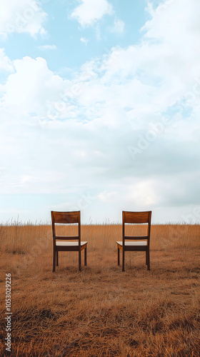 A pair of wooden chairs in an open field facing the distant horizon, a serene, contemplative atmosphere of solitude and meditation