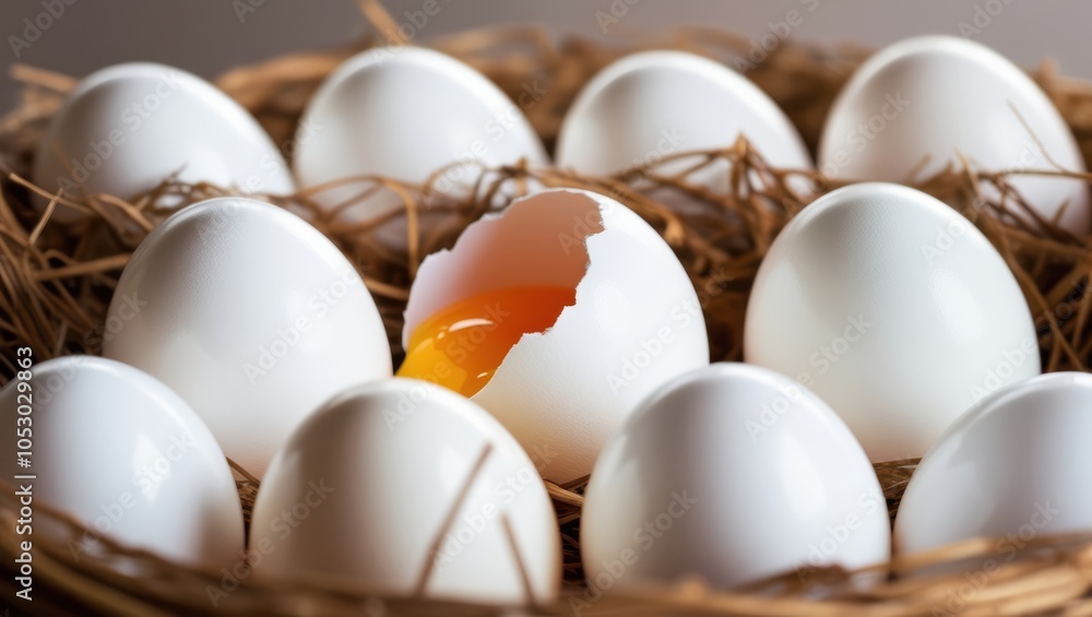 One Cracked Egg in a Nest of White Eggs One Cracked Egg in a Nest of White Eggs