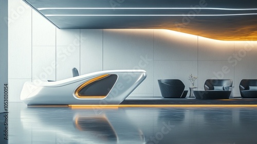 A futuristic lobby with a reception desk and lounge spaces, perfect for a multifunctional complex, blending modern design with comfort. Space on the right for text. photo