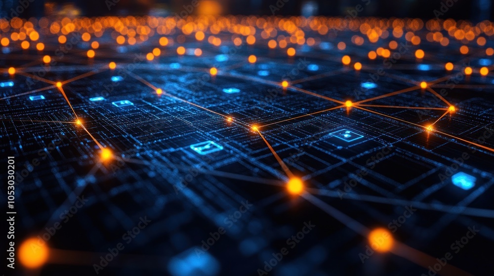 Abstract digital network representation with glowing nodes. Abstract digital network representation with glowing nodes.