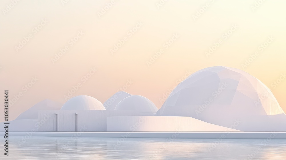 Fototapeta premium Serene Landscape with Minimalist Architecture and Reflections