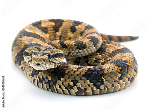 patterned mountain adder snake coiled on white background