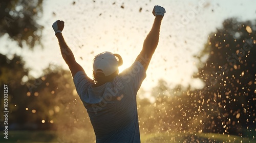 Golfer Celebrates Hole in One with Joyful Expression on Sunlit Golf Course