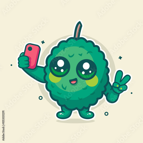 smiling durian fruit character mascot taking a selfie with a smartphone isolated cartoon