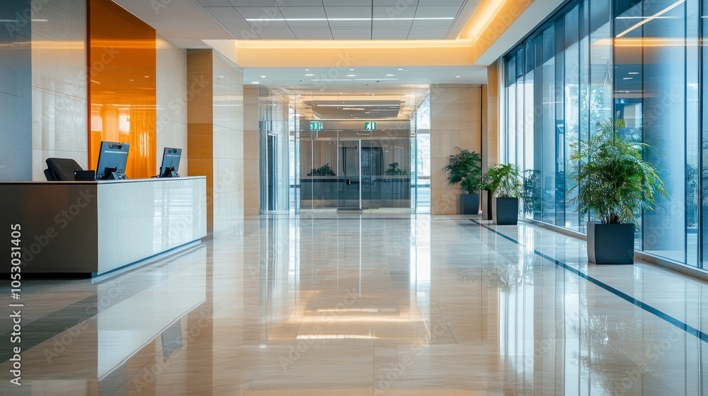 Obraz premium A multifunctional complex lobby with elegant decor, a modern reception counter, and waiting areas. Space on the left for branding or design elements.