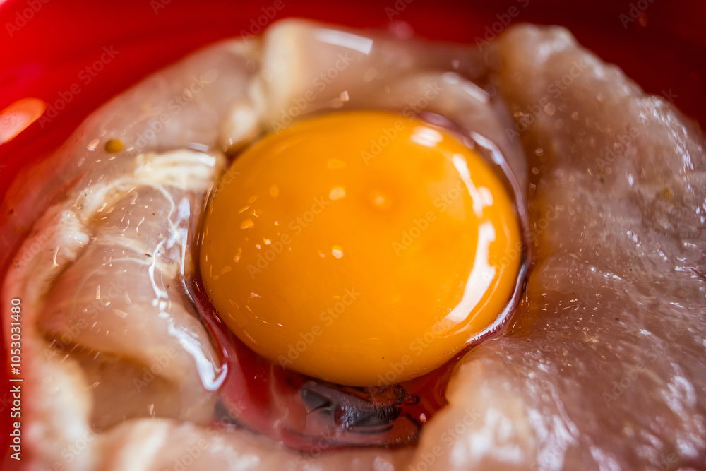 Fresh Egg Yolk and Chicken Meat for Cooking Preparation Fresh Egg Yolk and Chicken Meat for Cooking Preparation