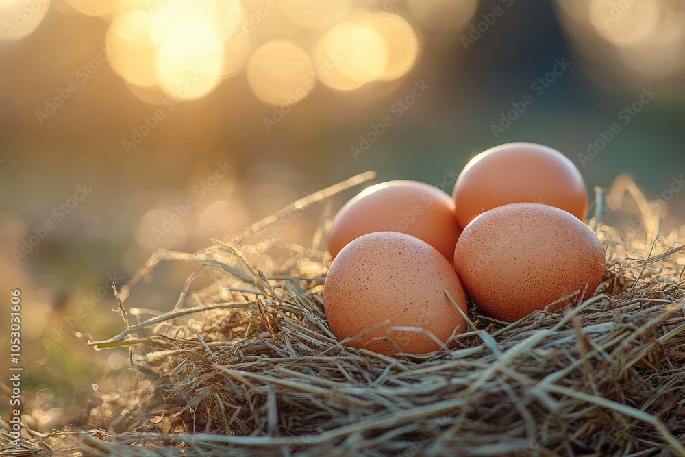 Fresh organic eggs nestled in golden hay Fresh organic eggs nestled in golden hay