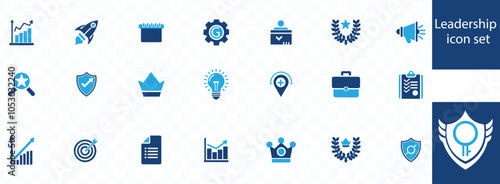 Leadership icon set. Containing leader, vision, guidance, mentorship, coaching, influence, charisma, challenge, lead and more. Vector illustration. Solid icons