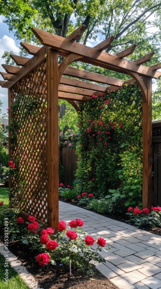 Obraz premium Wooden garden pergola standing over cobblestone path covered with climbing roses