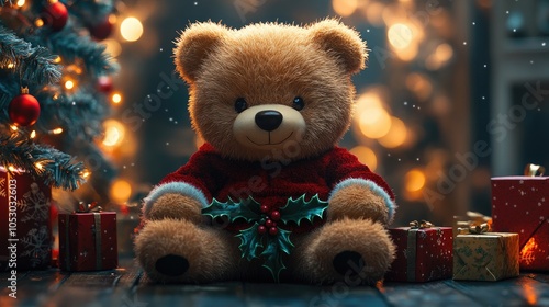 Cute teddy bear wearing santa claus clothes holding mistletoe near christmas tree