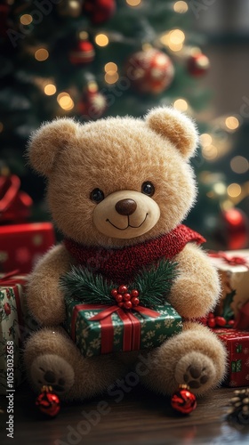 Cute teddy bear holding christmas gift in front of christmas tree