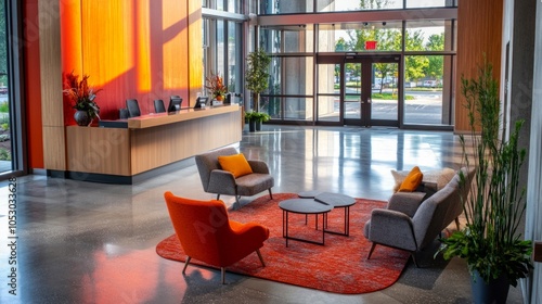 A wide-angle view of a vibrant lobby with cozy seating and a sleek reception desk at the heart of a multifunctional building. Room at the top for branding. photo