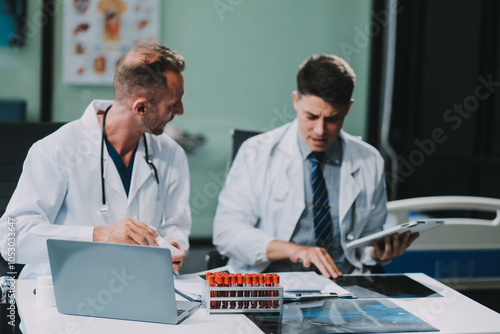 Group of medical practitioners working together and analyzing medical scan in the hospital